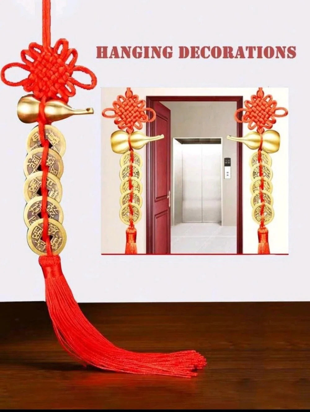 4 Chinese Feng Shui 5 Coin Hanging Charm Pendant w/Gourd & Red Tassel